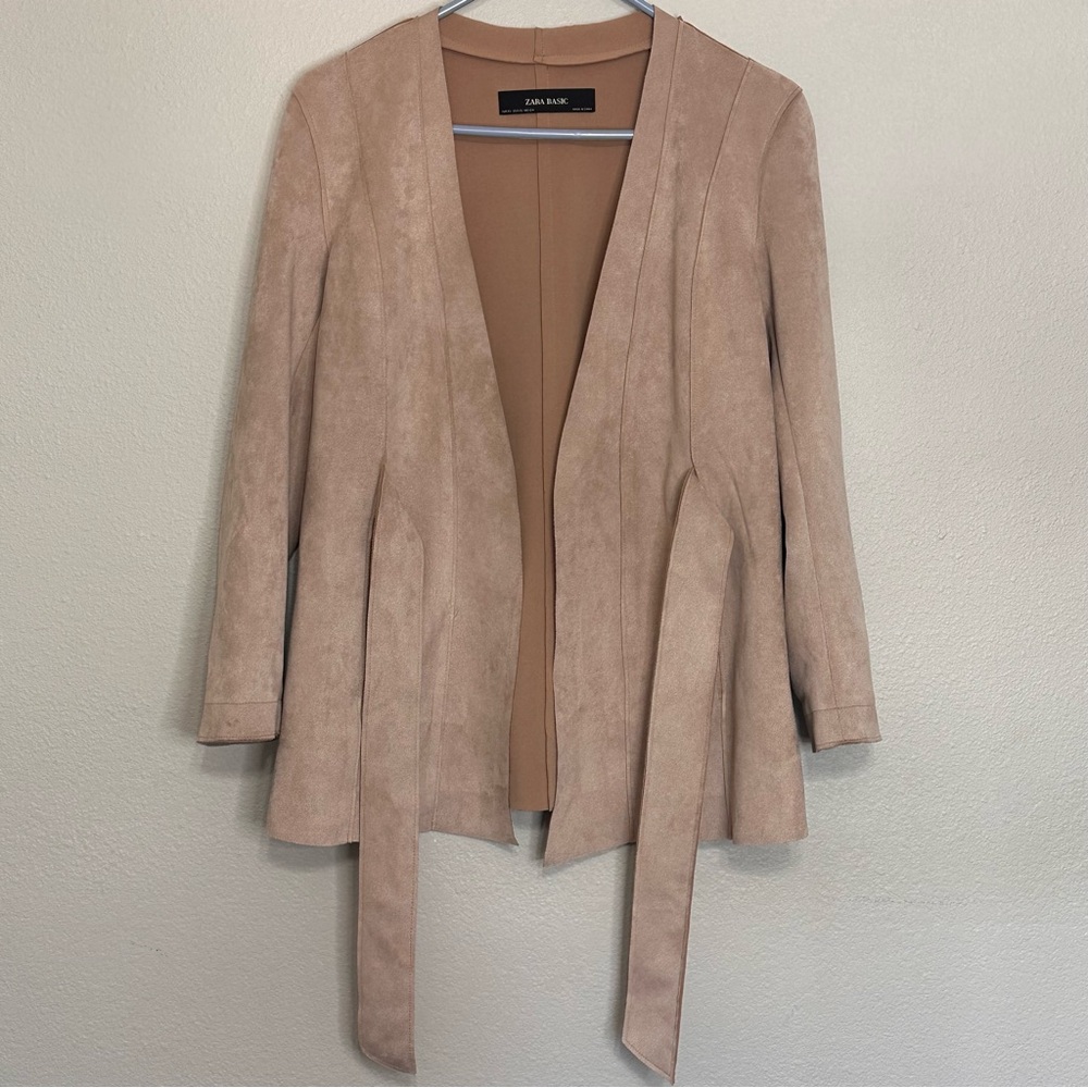 Zara Basic Women's Blush/Taupe Faux Suede Tie-Waist Coat - Picture 2 of 5